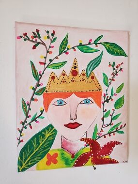Classic Folk Art Original Queen Painting Summer Floral Fauna Wall Decor Home